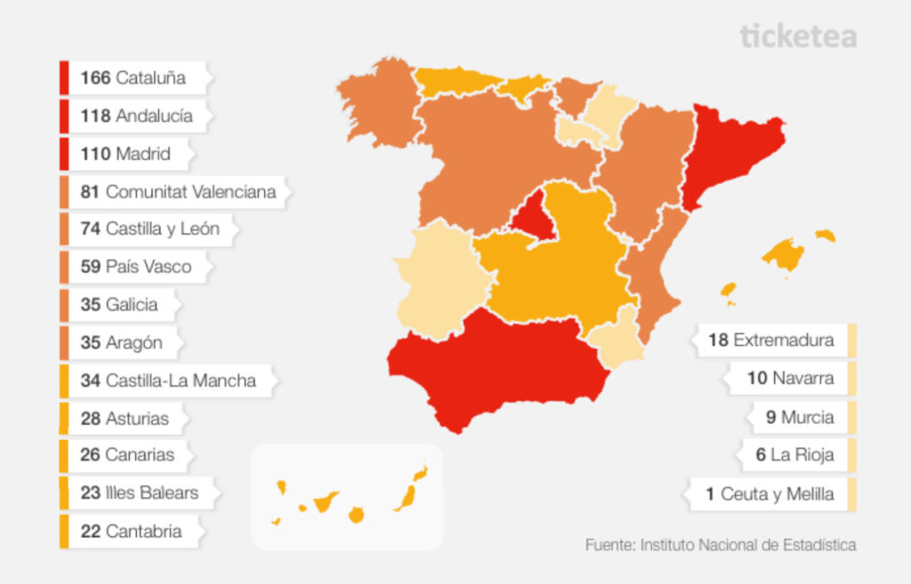 Mapa de las Comunidadesque más festivales acogen Autónomas 