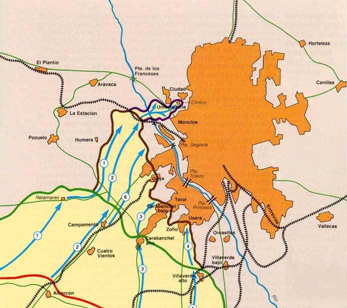 Plano de la situación del frente el 23 de noviembre de 1938. La ubicación del Puente de los Franceses es errónea. Fuente: madrid1936.es.