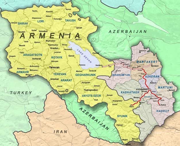 Mapa de la zona de Armenia, Turquía y Azerbaiyán