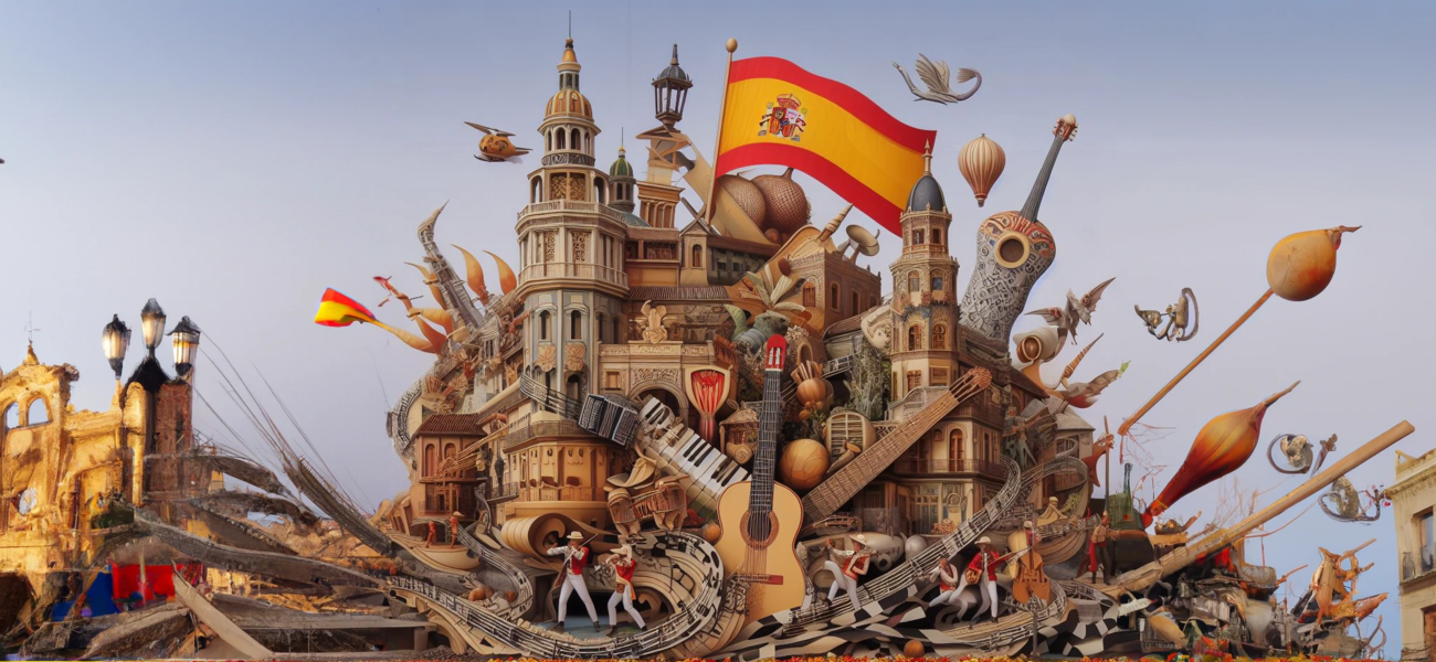 Imagen que fusiona la arquitectura española con petagramas e instrumentos típicos de España